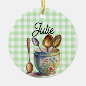 "Green and White Checkered - Spoons in Cup Keramik Ornament (Vorne)