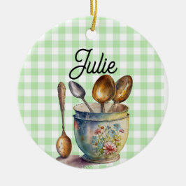 "Green and White Checkered - Spoons in Cup Keramik Ornament