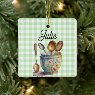 "Green and White Checkered - Spoons in Cup Keramikornament