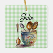 "Green and White Checkered - Spoons in Cup Keramikornament (Vorderseite)