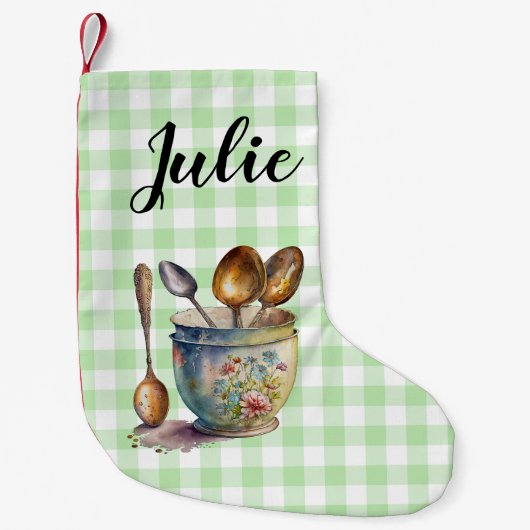 "Green and White Checkered - Spoons in Cup Kleiner Weihnachtsstrumpf (Vorderseite)