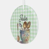 "Green and White Checkered - Spoons in Cup Ornament Aus Glas (Vorderseite links)