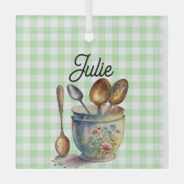 "Green and White Checkered - Spoons in Cup Ornament Aus Glas