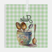 "Green and White Checkered - Spoons in Cup Ornament Aus Glas (Rückseite)