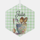 "Green and White Checkered - Spoons in Cup Ornament Aus Glas (Vorderseite)