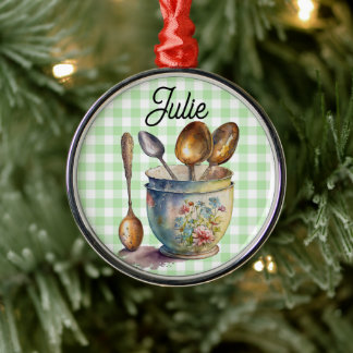 "Green and White Checkered - Spoons in Cup Ornament Aus Metall