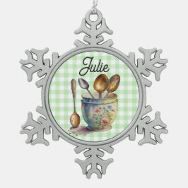 "Green and White Checkered - Spoons in Cup Schneeflocken Zinn-Ornament