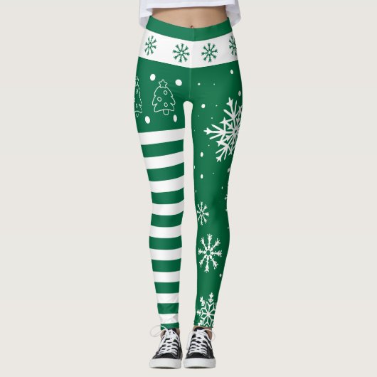 Green and White Christmas Leggings with Snowflakes (Vorderseite)