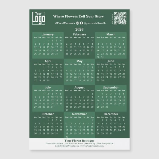 Green and White Custom Logo 2026 Calendar Magnet (Vorderseite)