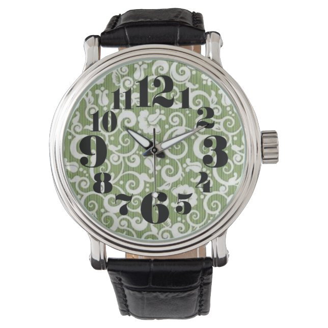 Green and White Floral Flourish Armbanduhr (Vorderseite)