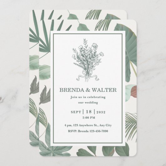 Green and White Floral Rustic Wedding Invitation Einladung (Vorne/Hinten)