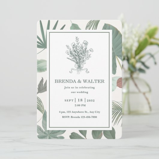Green and White Floral Rustic Wedding Invitation Einladung (Stehend Vorderseite)