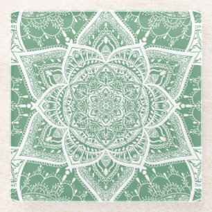 Green and White Mandala - Loergano in Sage Glasuntersetzer