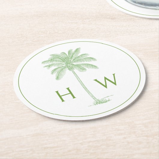 Green and White Palm Palmetto Tree Monogram Runder Pappuntersetzer (Angewinkelt)