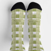 Green and White Plaid, Text on Foot Socken (Oben)