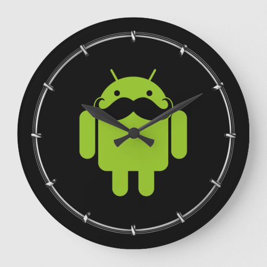 Green Android Robot Mustache auf Black Große Wanduhr (Vorderseite)