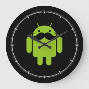 Green Android Robot Mustache on Black Große Wanduhr