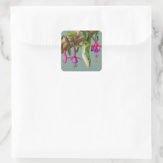 Green anole with Fuchsias Quadratischer Aufkleber (Tasche)
