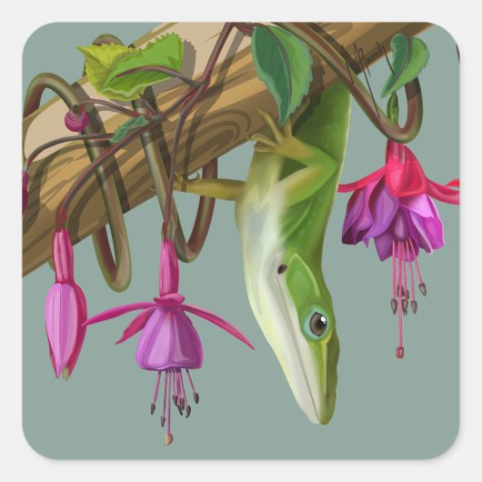 Green anole with Fuchsias Quadratischer Aufkleber (Vorderseite)