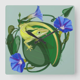 Green Anole with Morning Glory  Quadratische Wanduhr