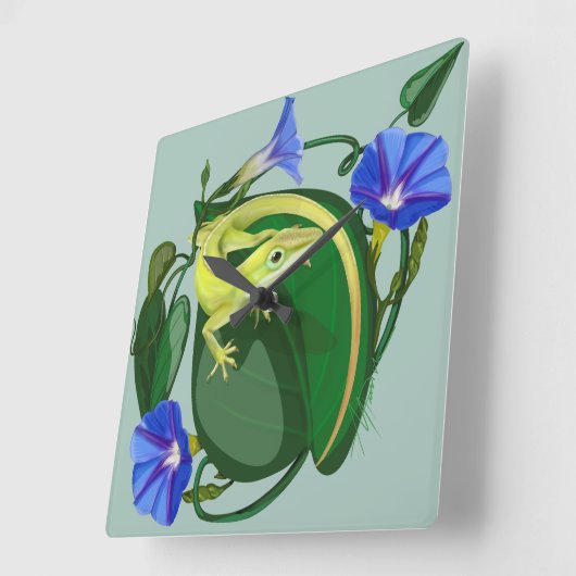 Green Anole with Morning Glory  Quadratische Wanduhr (Winkel)