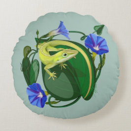 Green Anole with Morning Glory  Rundes Kissen