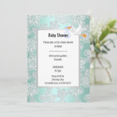 GREEN AQUA LACE DETAIL WHITE STORK BABY DUSCHE EINLADUNG (Stehend Vorderseite)