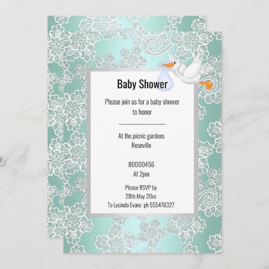 GREEN AQUA LACE DETAIL WHITE STORK BABY DUSCHE EINLADUNG (Vorne/Hinten)