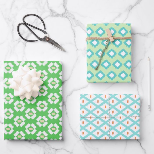 Green, Aqua & Mint Tribal Diamond Ikat Muster Geschenkpapier Set (Vorderseite)