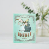 Green Aqua Save the Date - MI-Karte mit hübschen V Ankündigungspostkarte (Stehend Vorderseite)