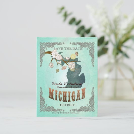 Green Aqua Save the Date - MI-Karte mit hübschen V Ankündigungspostkarte (Stehend Vorderseite)