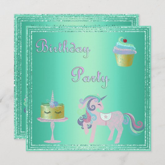 Green Aqua Unicorn Cake BIRTHDAY PARTEI Einladung (Vorne/Hinten)