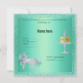 Green Aqua Unicorn Cake BIRTHDAY PARTEI Einladung (Rückseite)