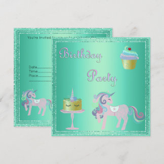Green Aqua Unicorn Cake BIRTHDAY PARTEI Einladung