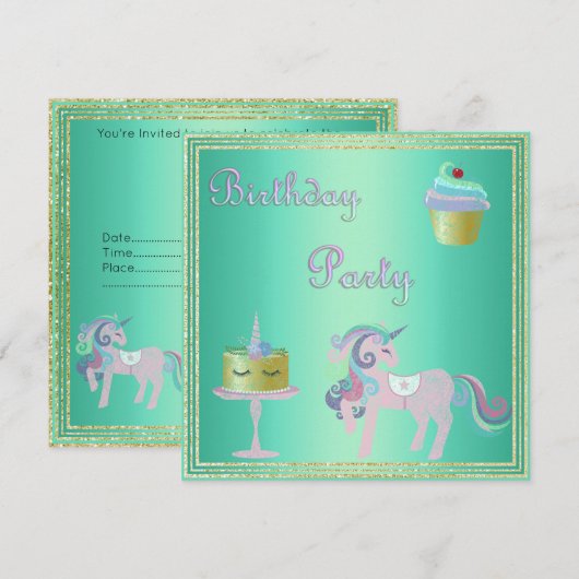 Green Aqua Unicorn Cake BIRTHDAY PARTEI Einladung (Vorne/Hinten)