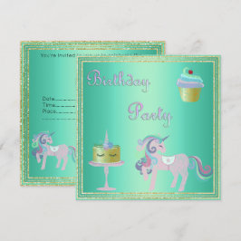 Green Aqua Unicorn Cake BIRTHDAY PARTEI Einladung