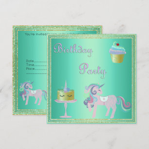 Green Aqua Unicorn Cake BIRTHDAY PARTEI Einladung