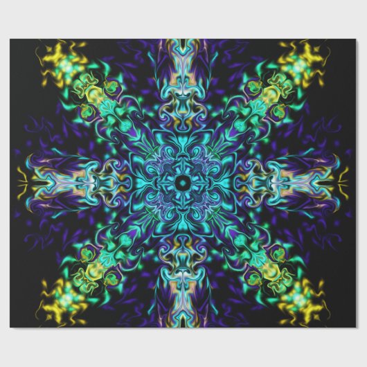 Green Aquamarin Psychedelic Bohemisch Mandala Geschenkpapier (Flach)