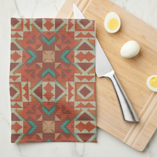 Green Aquamarin Rust Orange Beige Brown Red Tribal Geschirrtuch (Viertel Falte)