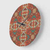 Green Aquamarin Rust Orange Beige Brown Red Tribal Große Wanduhr (Winkel)
