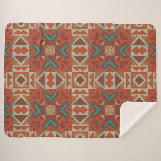 Green Aquamarin Rust Orange Beige Brown Red Tribal Sherpadecke (Vorderseite (Horizontal))