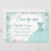 Green Aquamarin Snowflake Mis Quince Save the Date Einladung (Vorderseite)