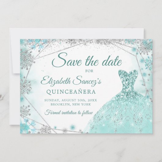 Green Aquamarin Snowflake Mis Quince Save the Date Einladung (Vorderseite)