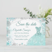 Green Aquamarin Snowflake Mis Quince Save the Date Einladung (Stehend Vorderseite)