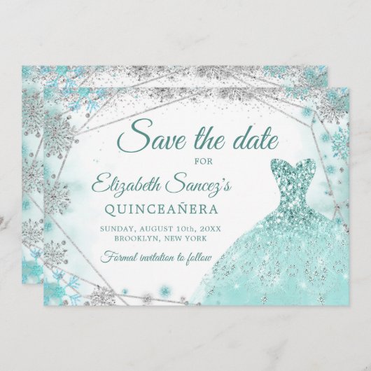 Green Aquamarin Snowflake Mis Quince Save the Date Einladung (Vorne/Hinten)