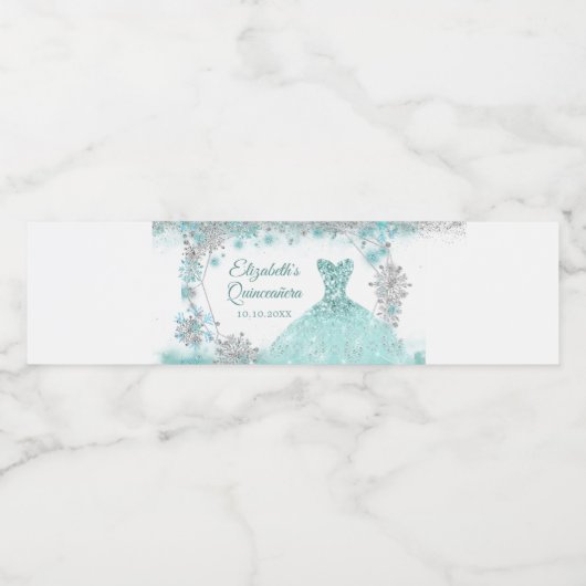 Green aquamarin Winter Snowflake Quinceñera Wasserflaschenetikett (Einzelnes Label)