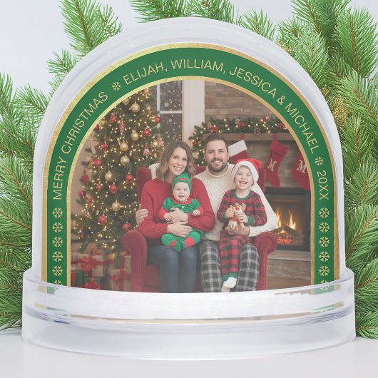 Green Arch Christmas Family Photo Faux Gold Foil Schneekugeln