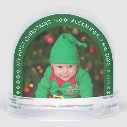 Green Arch First Christmas Baby Photo Snowflakes Schneekugeln (Rückseite)