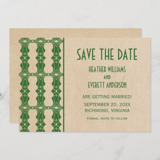 Green Art Deco Border Save the Date einladen Einladung (Vorne/Hinten)