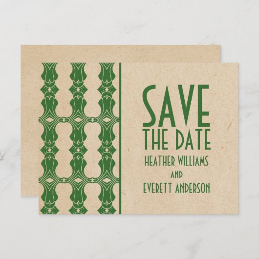Green Art Deco Border Save the Date Postcard Ankündigungspostkarte (Vorne/Hinten)